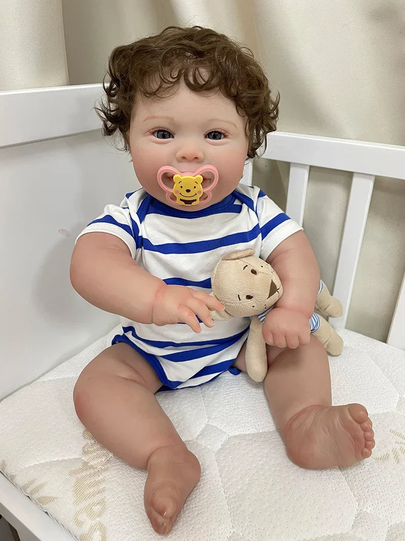 Alfie 20-Inch Smiling Reborn Baby Doll – Full Vinyl Baby with Open Blue Eyes and Curly Hand-Implanted Hair