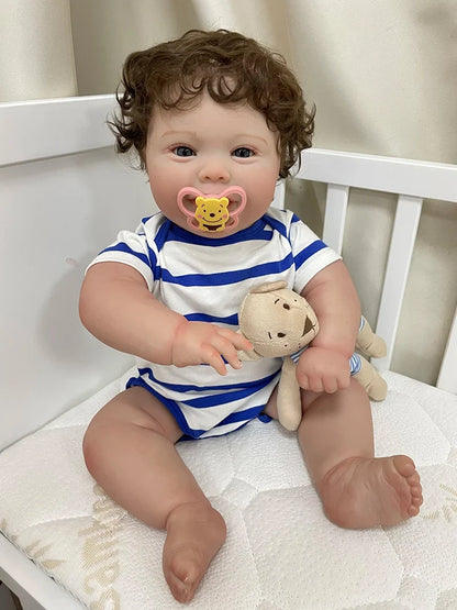 Alfie 20-Inch Smiling Reborn Baby Doll – Full Vinyl Baby with Open Blue Eyes and Curly Hand-Implanted Hair