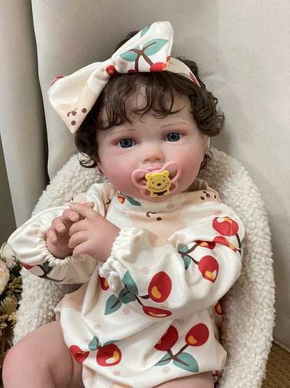 Cherry Blossom 24-Inch Reborn Baby Girl Doll – Soft Cloth Body Toddler with Blue Eyes and Hand-Implanted Curly Hair