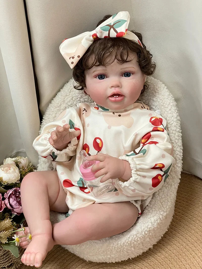 Cherry Blossom 24-Inch Reborn Baby Girl Doll – Soft Cloth Body Toddler with Blue Eyes and Hand-Implanted Curly Hair