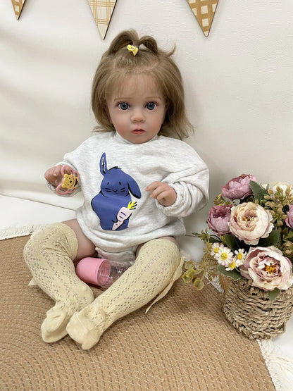 Clara 24-Inch Reborn Toddler Doll – Lifelike Blue-Eyed Soft Cloth Body Baby Girl with Hand-Implanted Hair