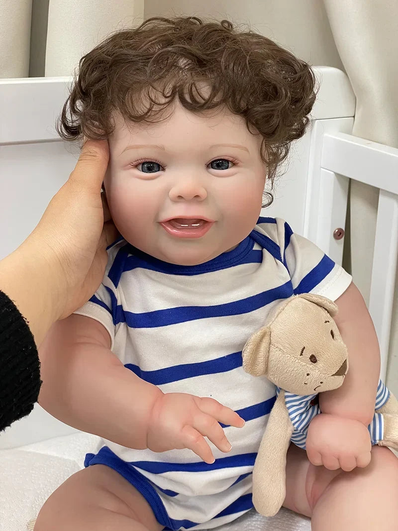 Alfie 20-Inch Smiling Reborn Baby Doll – Full Vinyl Baby with Open Blue Eyes and Curly Hand-Implanted Hair