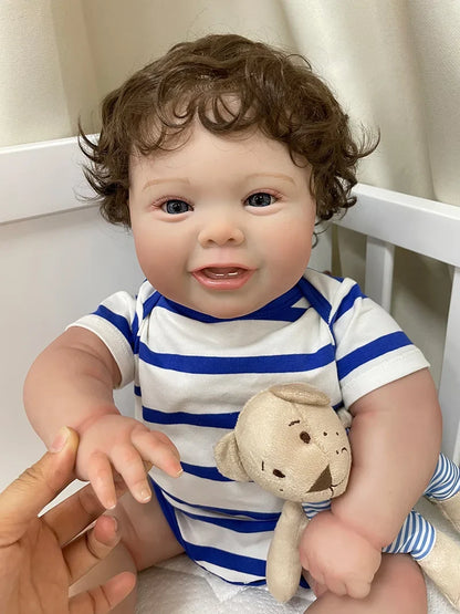 Alfie 20-Inch Smiling Reborn Baby Doll – Full Vinyl Baby with Open Blue Eyes and Curly Hand-Implanted Hair