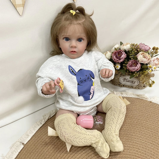 Clara 24-Inch Reborn Toddler Doll – Lifelike Blue-Eyed Soft Cloth Body Baby Girl with Hand-Implanted Hair