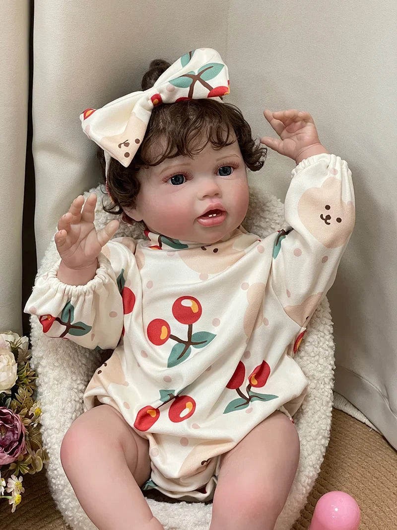 Cherry Blossom 24-Inch Reborn Baby Girl Doll – Soft Cloth Body Toddler with Blue Eyes and Hand-Implanted Curly Hair