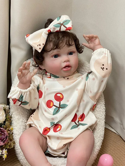 Cherry Blossom 24-Inch Reborn Baby Girl Doll – Soft Cloth Body Toddler with Blue Eyes and Hand-Implanted Curly Hair