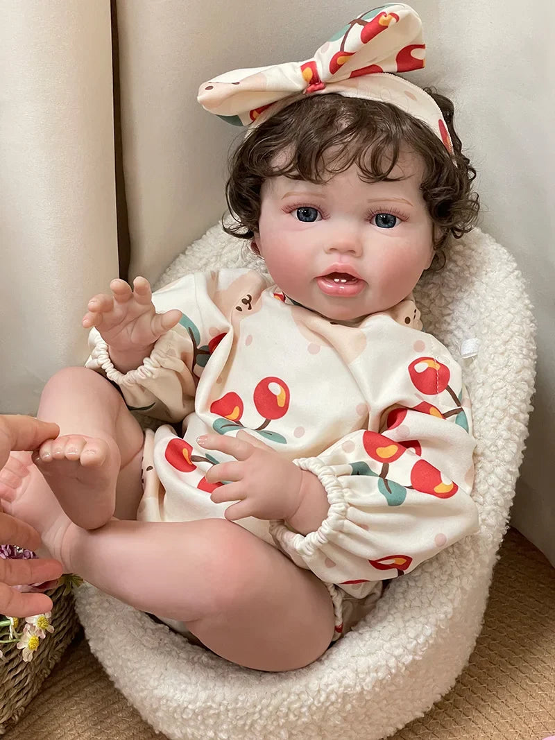 Cherry Blossom 24-Inch Reborn Baby Girl Doll – Soft Cloth Body Toddler with Blue Eyes and Hand-Implanted Curly Hair