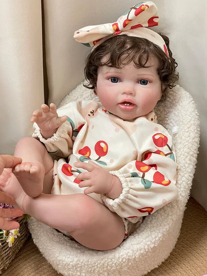 Cherry Blossom 24-Inch Reborn Baby Girl Doll – Soft Cloth Body Toddler with Blue Eyes and Hand-Implanted Curly Hair