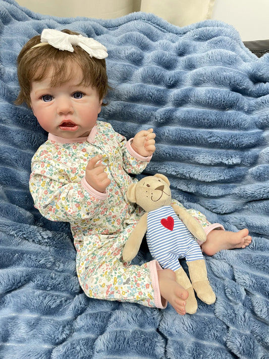 Maya 22-Inch Reborn Baby Girl Doll – Full Vinyl Lifelike Blue-Eyed Baby with Hand-Implanted Hair