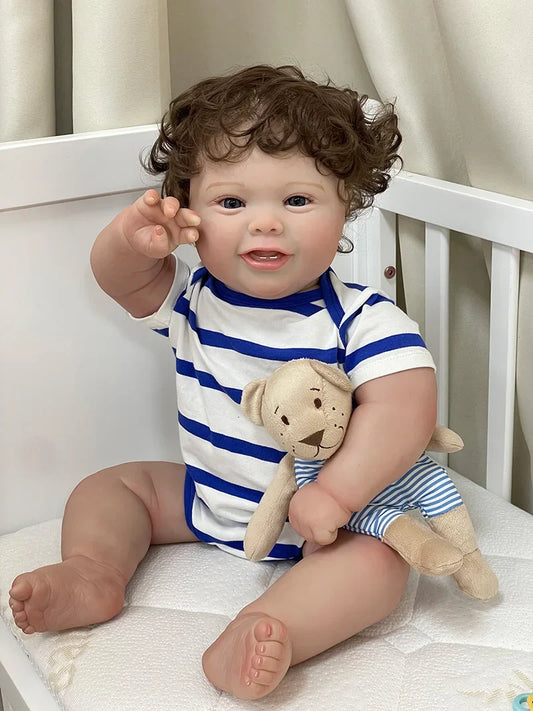 Alfie 20-Inch Smiling Reborn Baby Doll – Full Vinyl Baby with Open Blue Eyes and Curly Hand-Implanted Hair