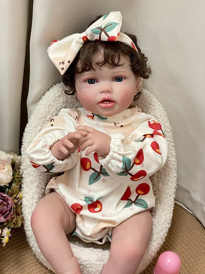 Cherry Blossom 24-Inch Reborn Baby Girl Doll – Soft Cloth Body Toddler with Blue Eyes and Hand-Implanted Curly Hair