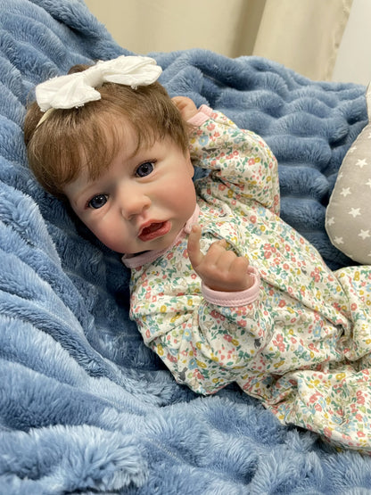 Maya 22-Inch Reborn Baby Girl Doll – Full Vinyl Lifelike Blue-Eyed Baby with Hand-Implanted Hair