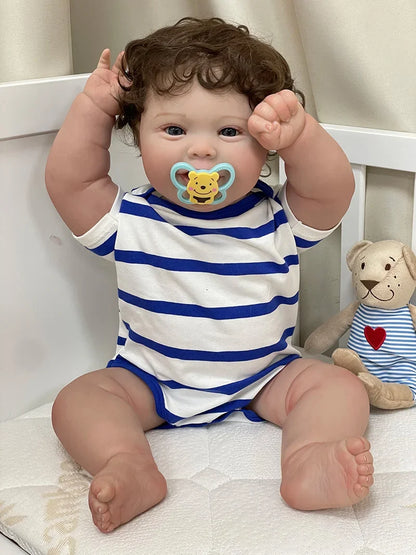 Alfie 20-Inch Smiling Reborn Baby Doll – Full Vinyl Baby with Open Blue Eyes and Curly Hand-Implanted Hair