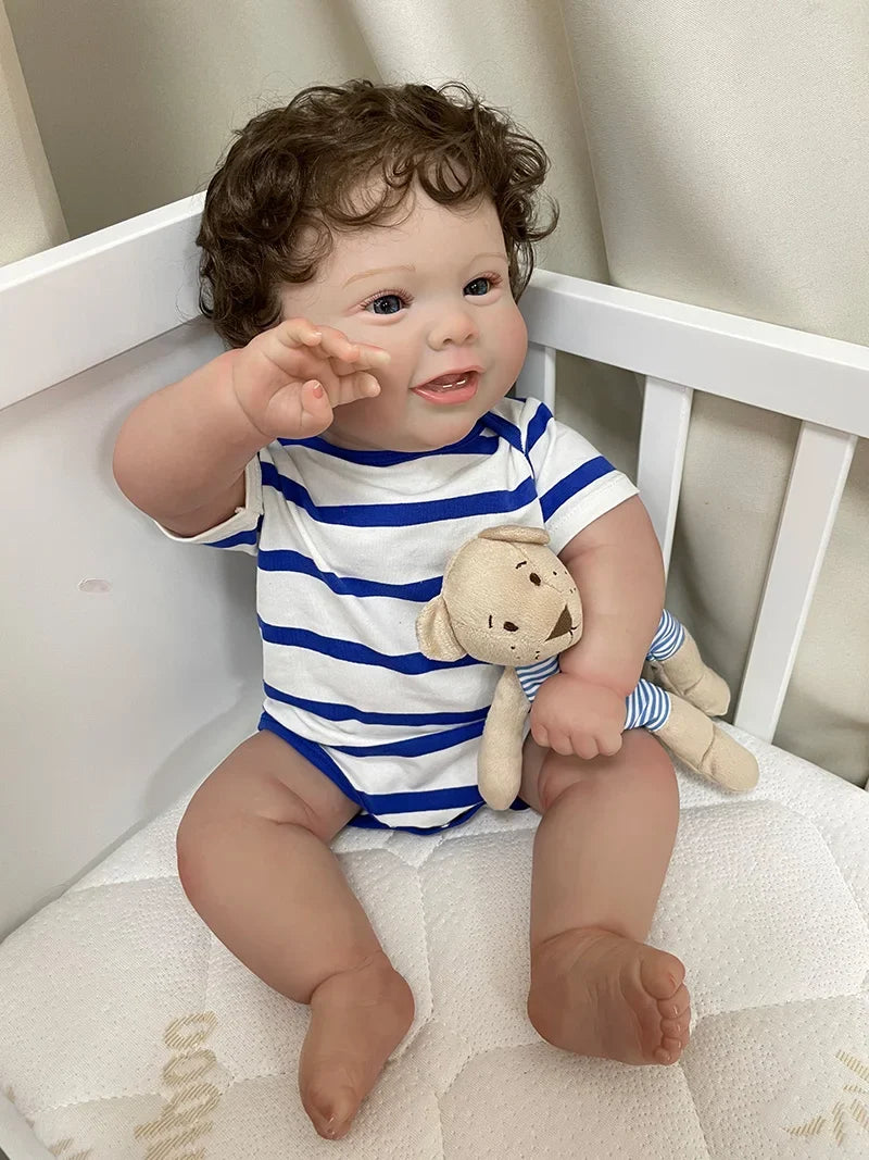 Alfie 20-Inch Smiling Reborn Baby Doll – Full Vinyl Baby with Open Blue Eyes and Curly Hand-Implanted Hair