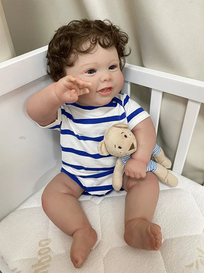 Alfie 20-Inch Smiling Reborn Baby Doll – Full Vinyl Baby with Open Blue Eyes and Curly Hand-Implanted Hair
