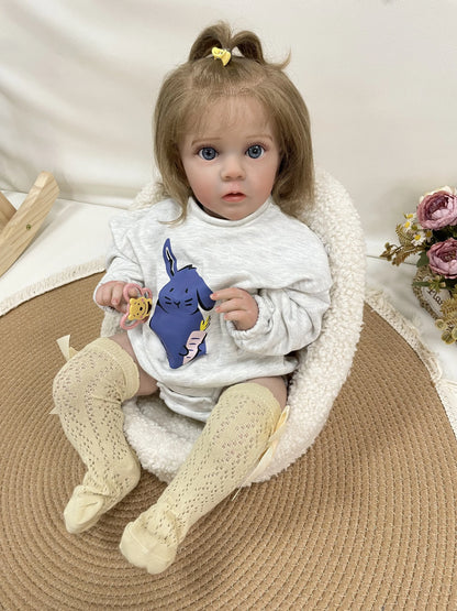 Clara 24-Inch Reborn Toddler Doll – Lifelike Blue-Eyed Soft Cloth Body Baby Girl with Hand-Implanted Hair